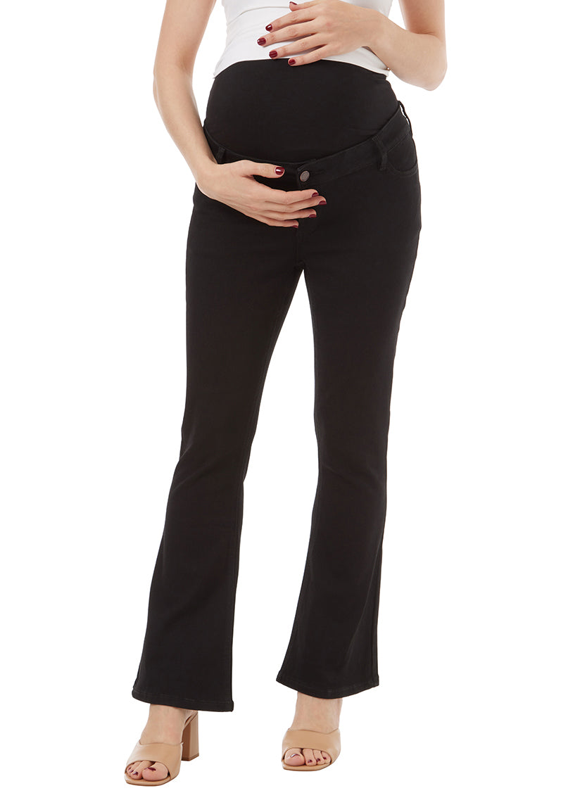 black flared maternity jean with liner for belly, stretchy fabric. Black Liner.