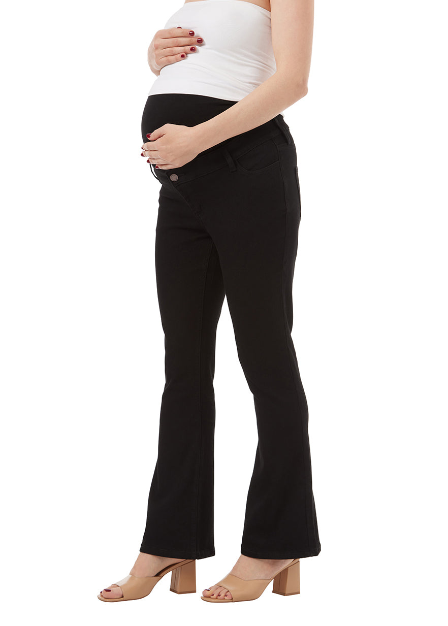 black flared maternity jean with liner for belly, stretchy fabric. Black Liner.
