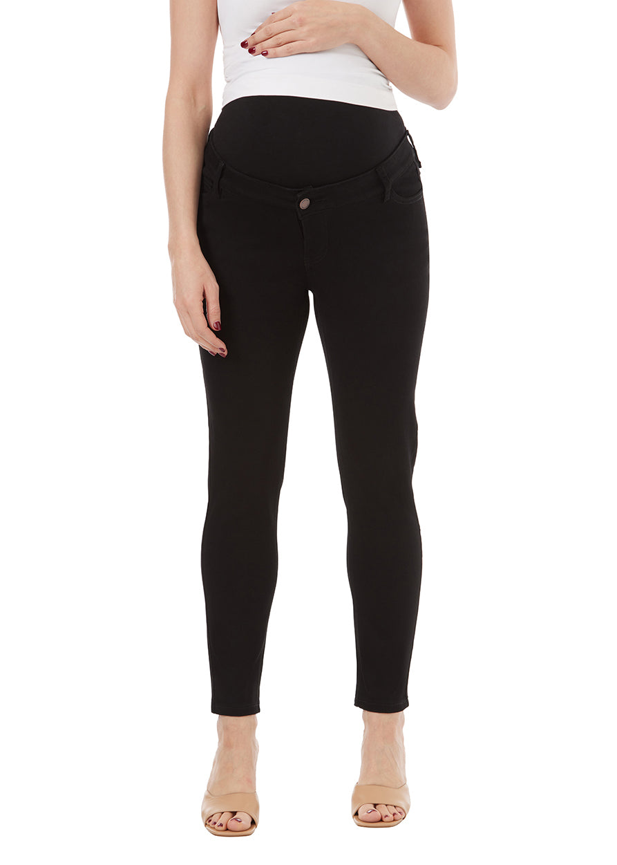 black straight maternity jean with liner for belly, stretchy fabric. Black Liner.
