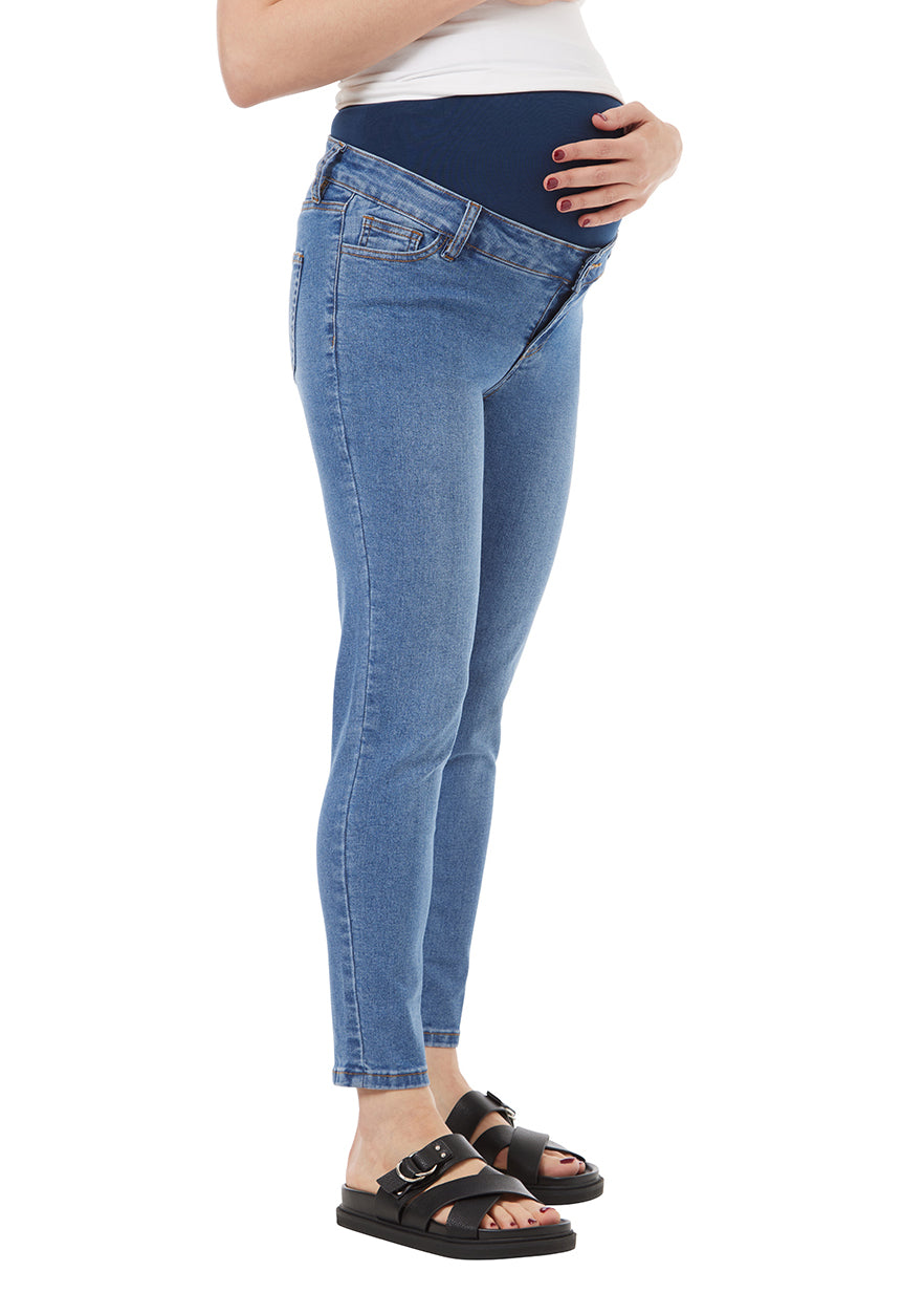 washed blue straight maternity jean with liner for belly, stretchy fabric. Blue Liner.