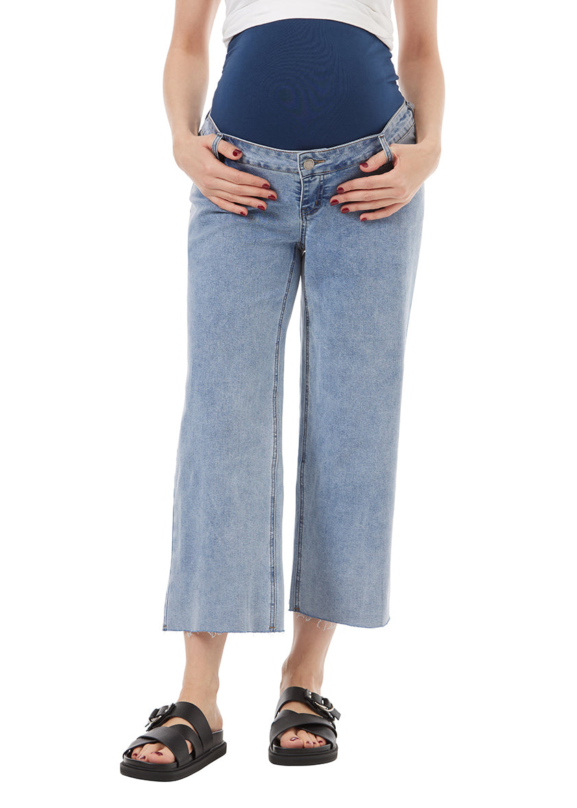 washed blue straight maternity jean with liner for belly, stretchy fabric. Blue Liner. raw edge at bottom of pant.