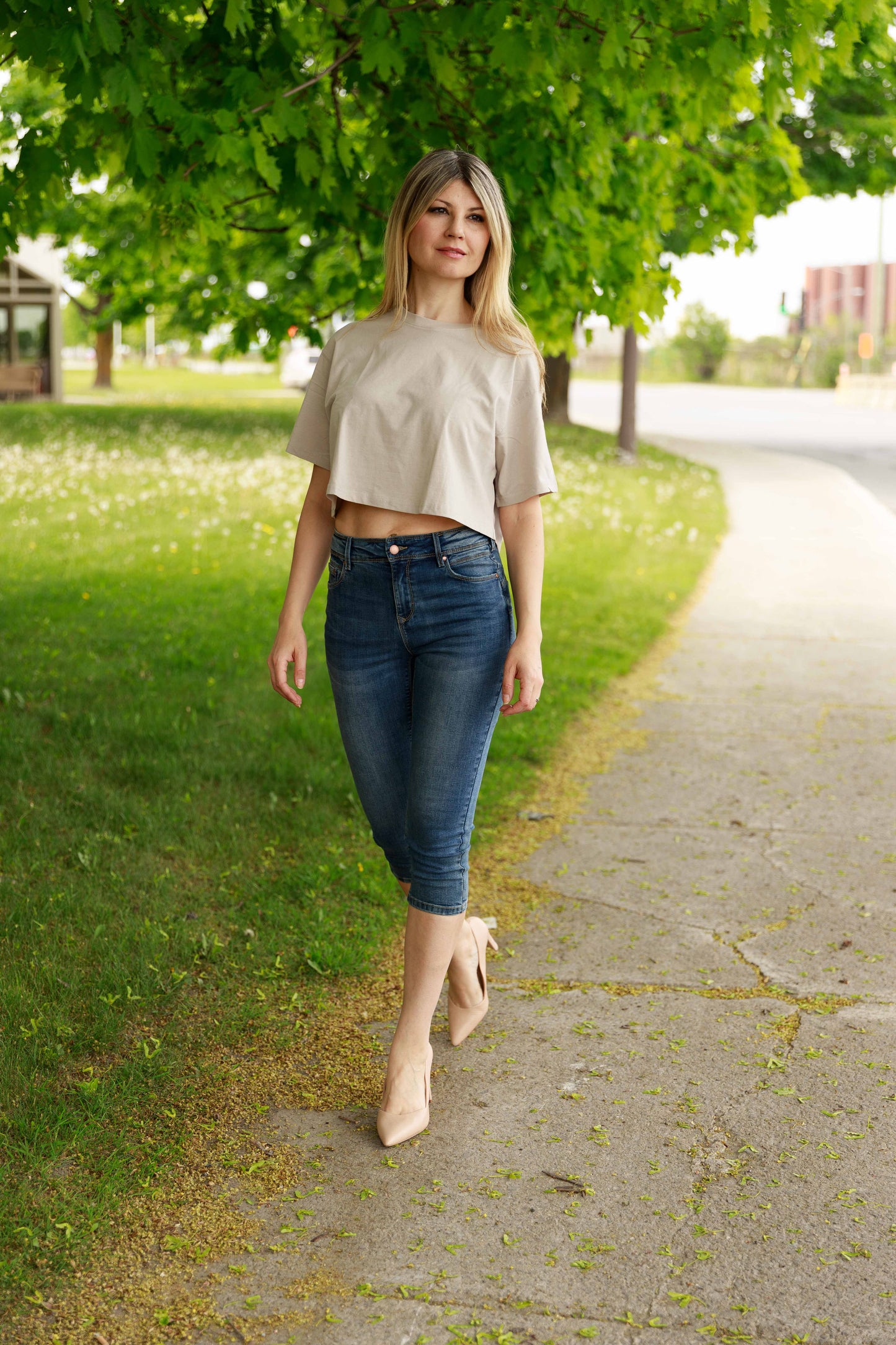 High Waisted Stretch Denim Capris