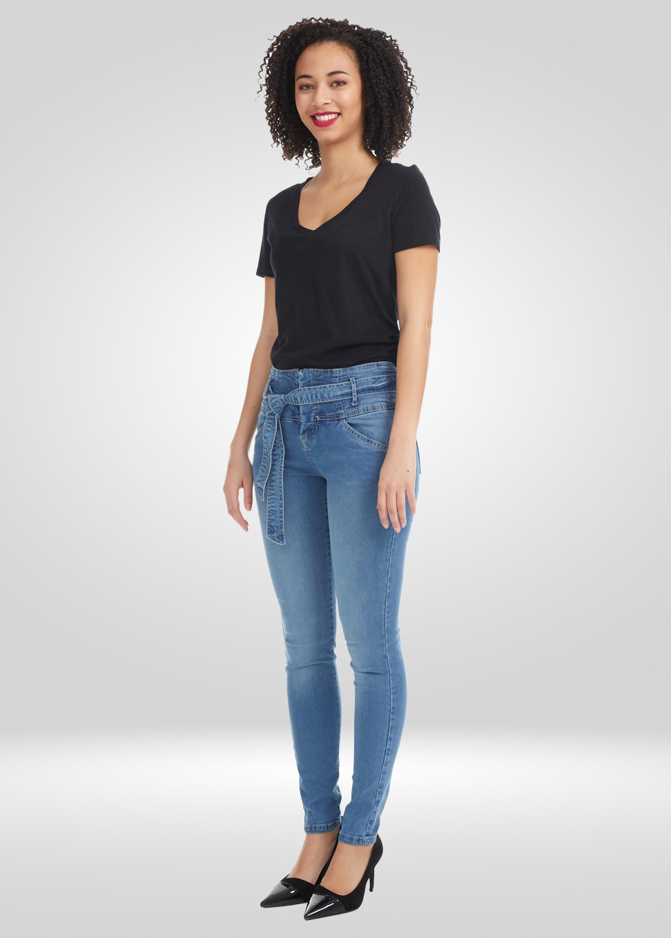 High Waisted Skinny Fit Denim Pants - with Belt