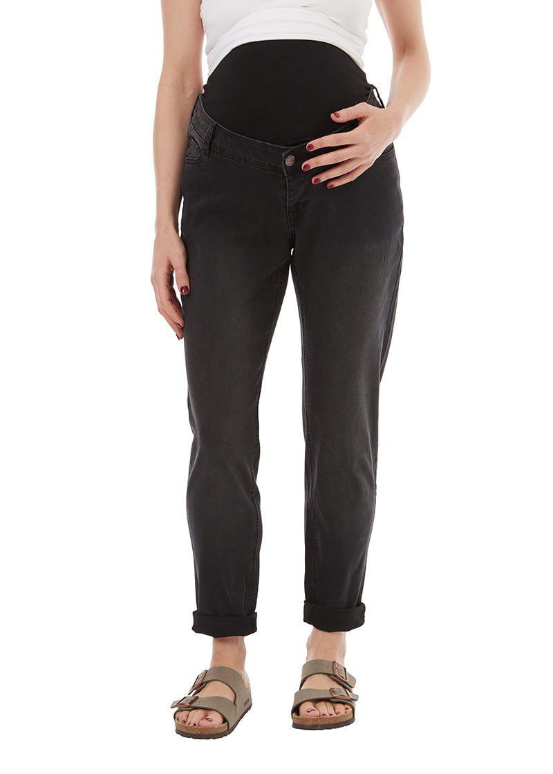 washed black maternity jean with liner for belly, stretchy fabric. Black Liner..