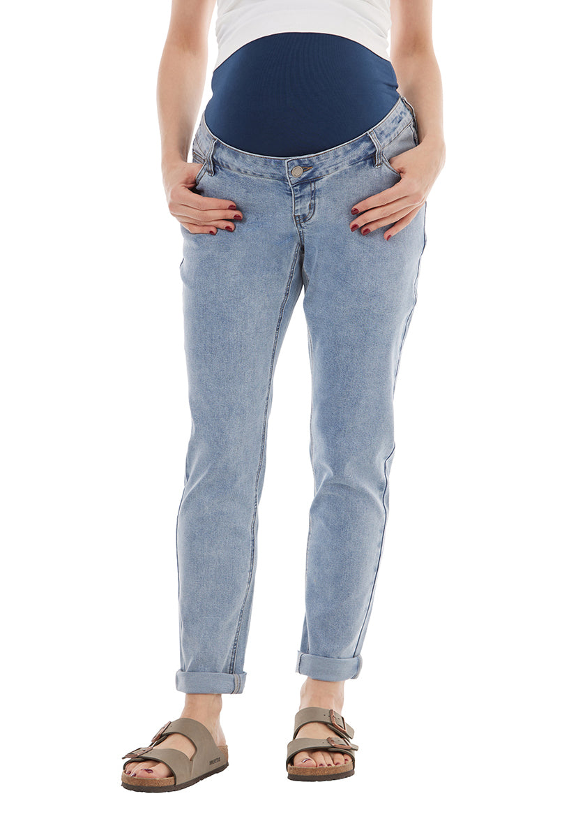 washed blue maternity jean with liner for belly, stretchy fabric. Blue Liner..