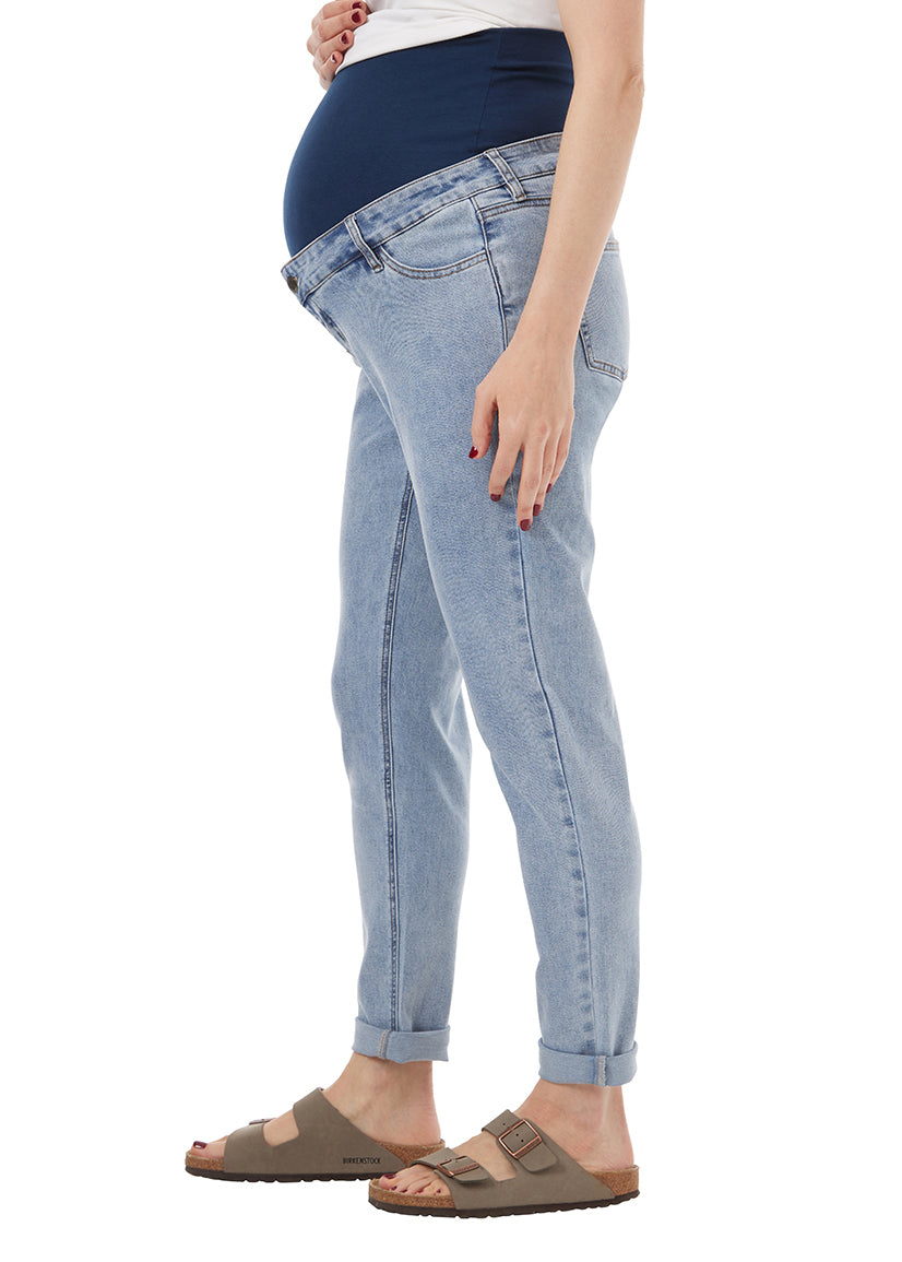 washed blue maternity jean with liner for belly, stretchy fabric. Blue Liner..