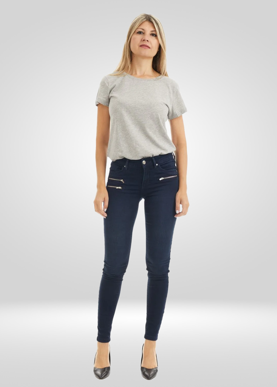 Mid Rise Biker Skinny Stretch Denim Jean With Tummy Tucker