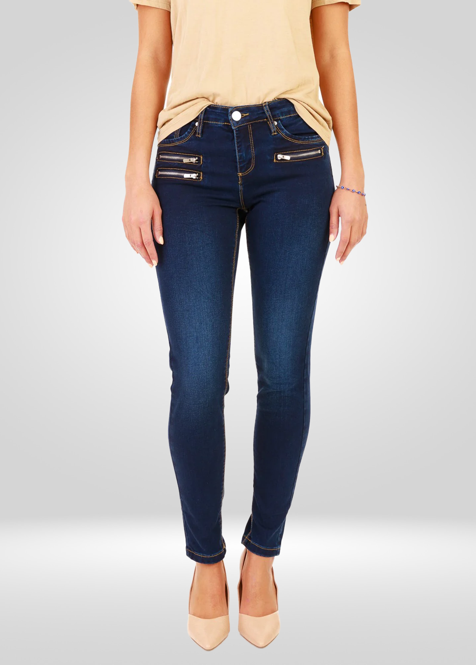 Mid Rise Biker Skinny Stretch Denim Jean With Tummy Tucker