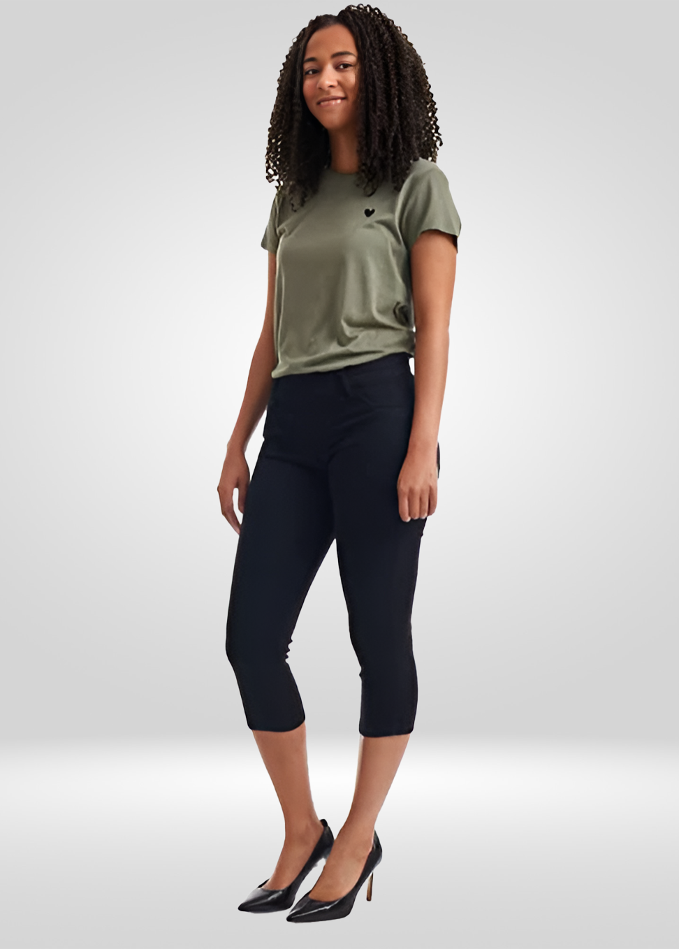 Mid Rise Pull on Stretch Denim Capris