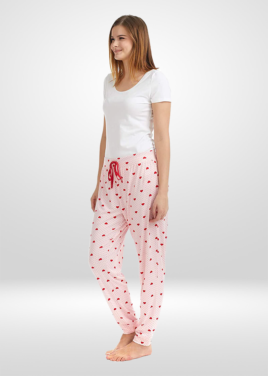 Pink Red Hearts Print Stretch Pajama Bottoms