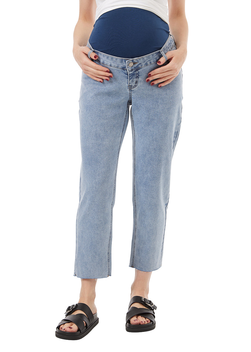 washed blue straight maternity jean with liner for belly, stretchy fabric. Blue Liner.