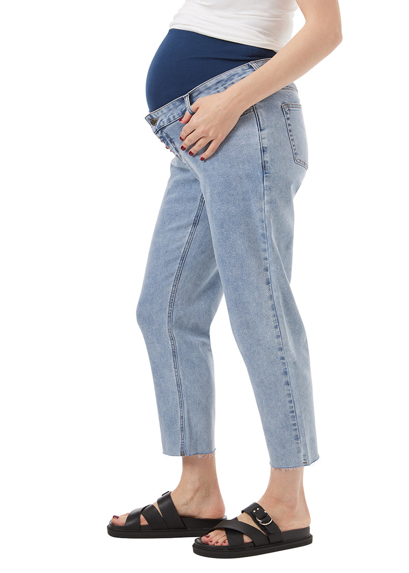 washed blue straight maternity jean with liner for belly, stretchy fabric. Blue Liner.