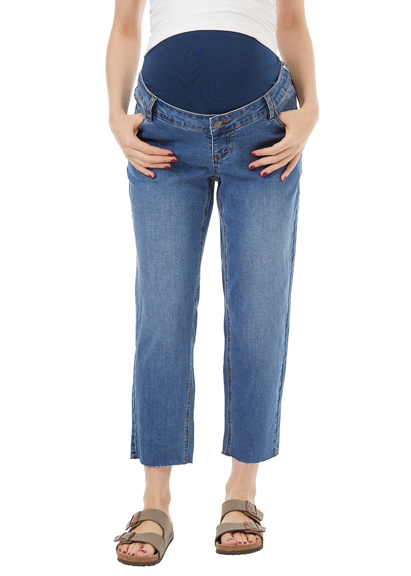 blue straight maternity jean with liner for belly, stretchy fabric. Blue Liner.
