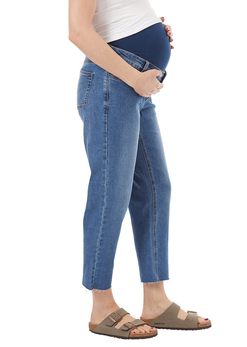 blue straight maternity jean with liner for belly, stretchy fabric. Blue Liner.