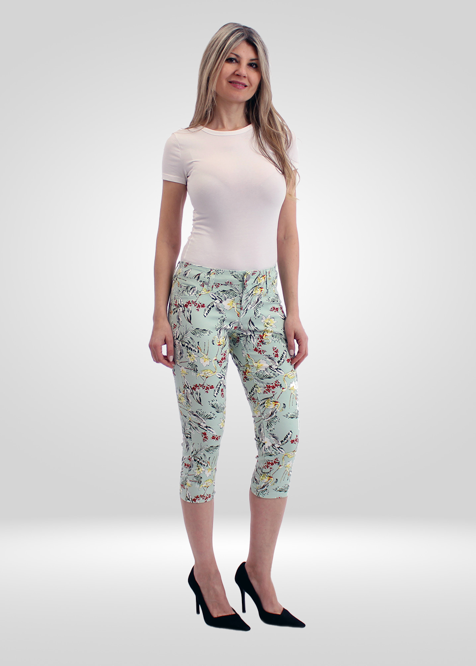 Capris Stretch Imprimés Flamants Roses à Taille Mi-Haute pour Femmes