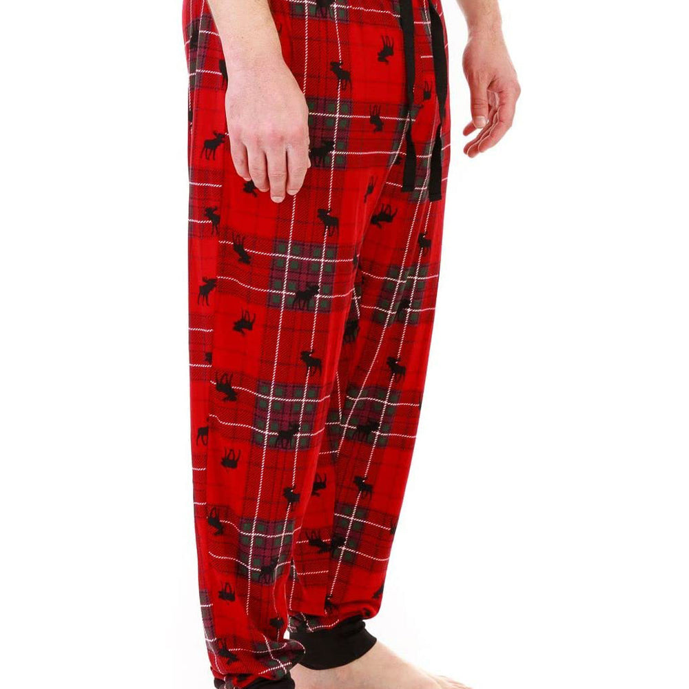 PJ joggers with soft velvety texture, stretch, elastic waistband, drawstring, and stylish ankle cuff. This pattern is small black moose on a tartan, on red. Black waist and cuff. Looser fit