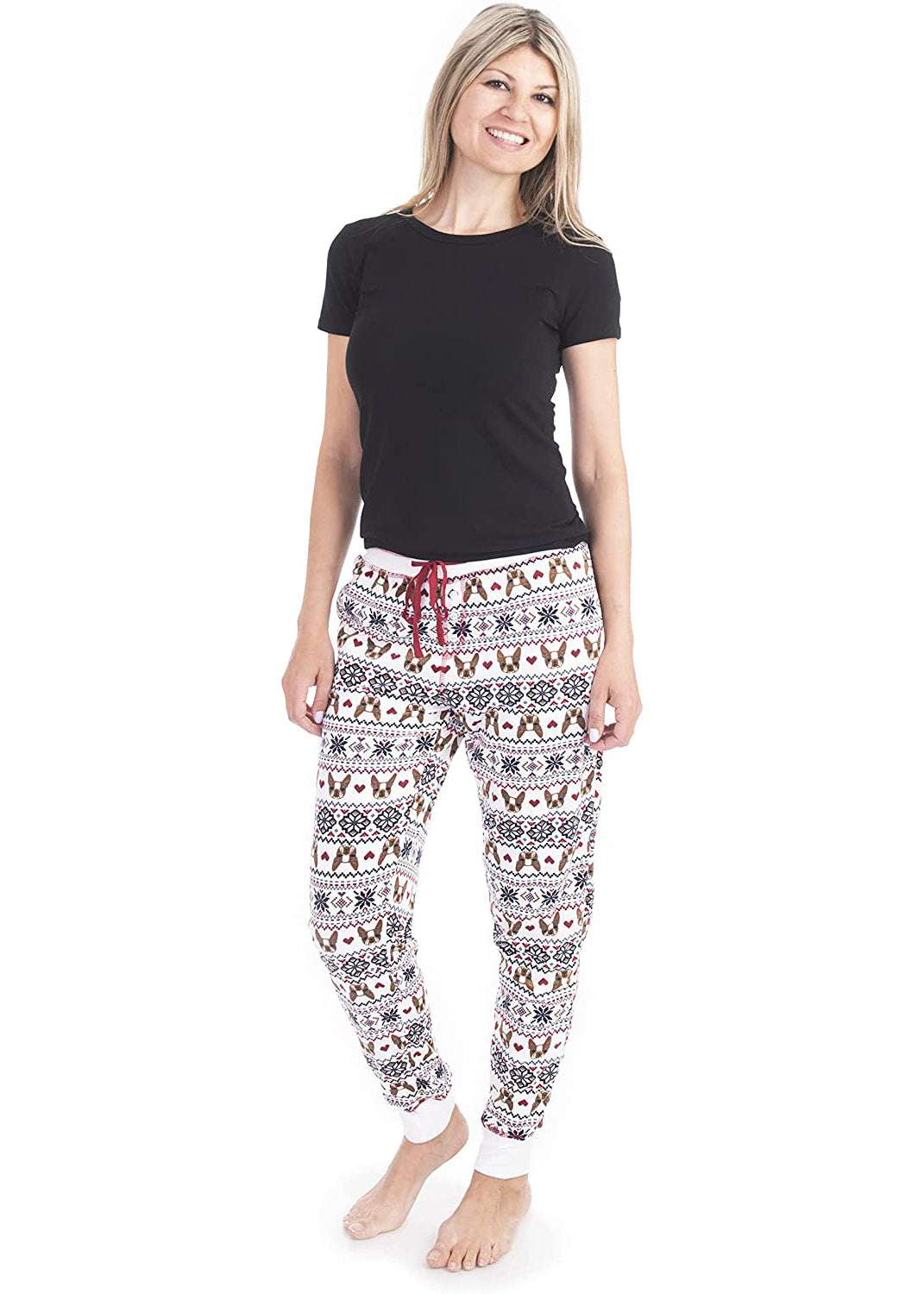 
                  
                    PJ joggers with soft velvety texture, stretch, elastic waistband, drawstring, and stylish ankle cuff. This pattern is bulldog's head with pixelated heart and snowflake pattern.
                  
                
