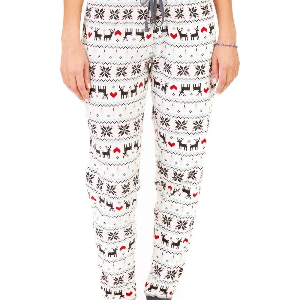 PJ joggers with soft velvety texture, stretch, elastic waistband, drawstring, and stylish ankle cuff. This pattern is deers with pixelated heart and snowflake pattern.