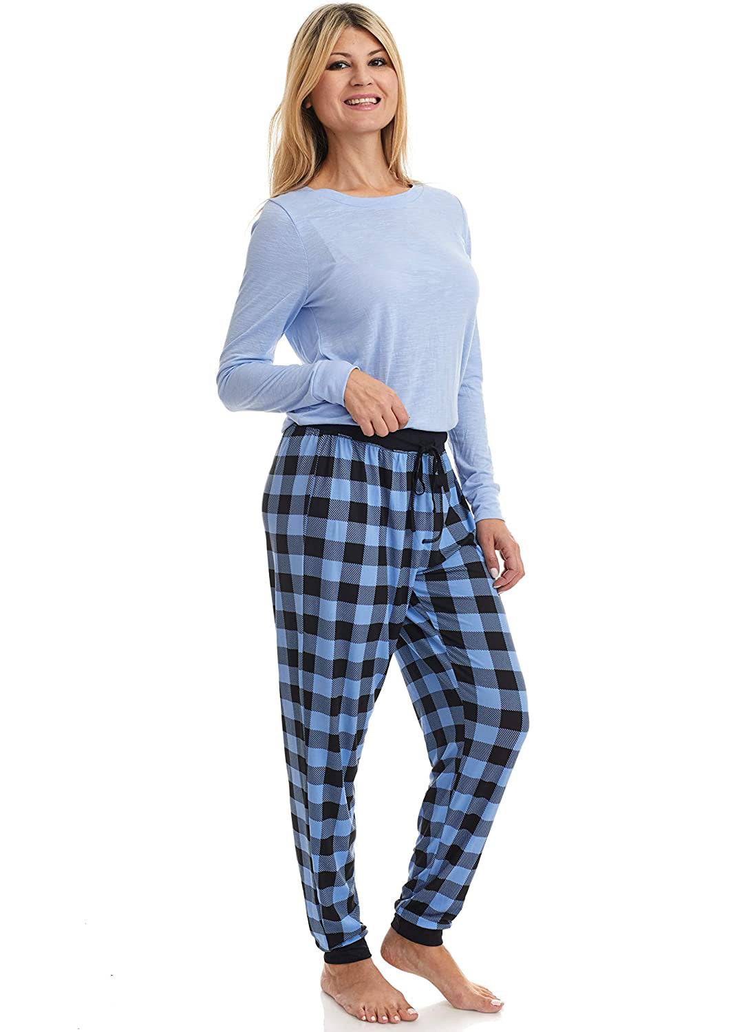 PJ joggers with soft velvety texture, stretch, elastic waistband, drawstring, and stylish ankle cuff. This pattern is plaid black and blue.