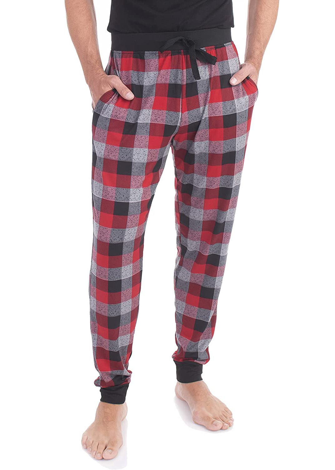 PJ joggers with soft velvety texture, stretch, elastic waistband, drawstring, and stylish ankle cuff. This pattern is a red, grey, black tartan. Black cuffs and waist with black drawstring.