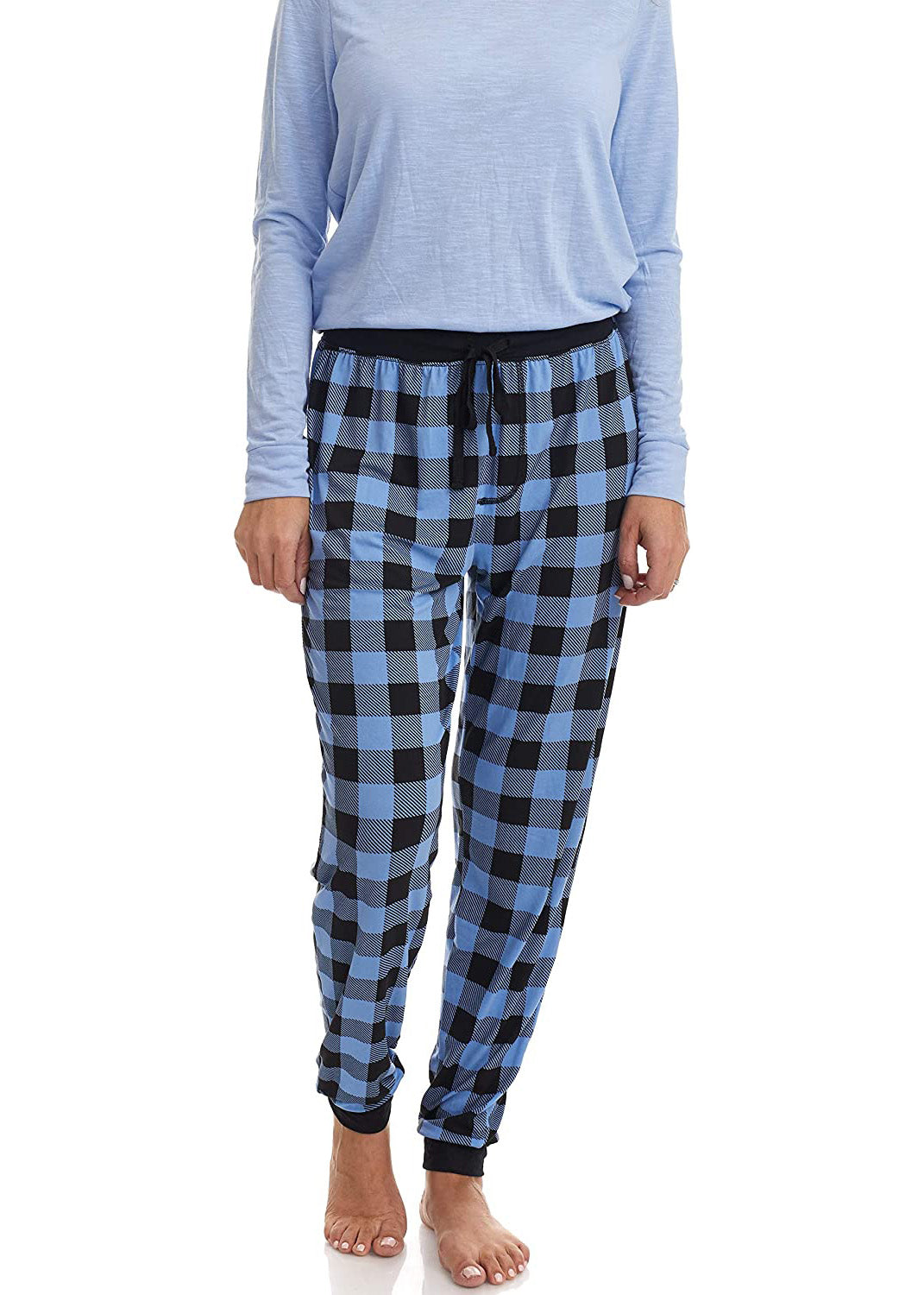 PJ joggers with soft velvety texture, stretch, elastic waistband, drawstring, and stylish ankle cuff. This pattern is plaid black and blue.