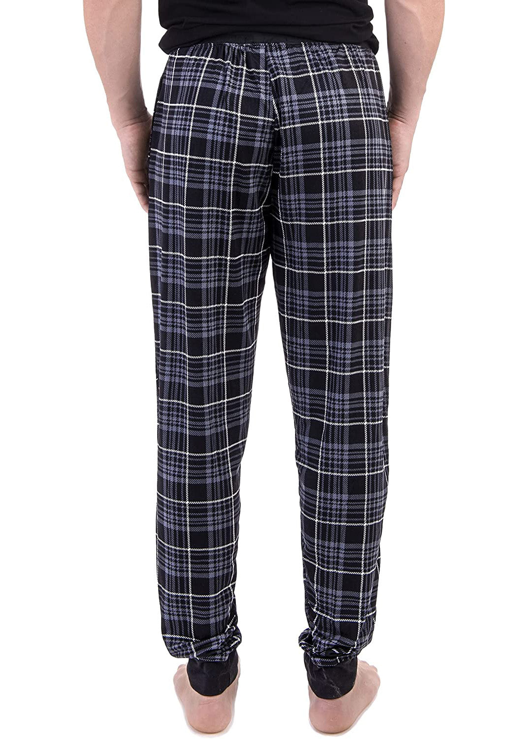 PJ joggers with soft velvety texture, stretch, elastic waistband, drawstring, and stylish ankle cuff. This pattern is a grey, black and white plaid. The waist and the cuffs are black
