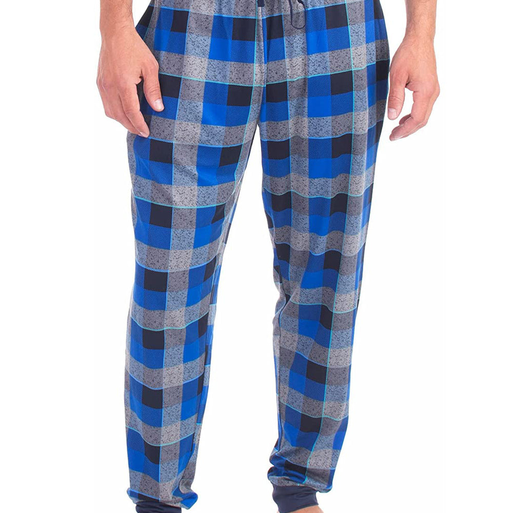 PJ joggers with soft velvety texture, stretch, elastic waistband, drawstring, and stylish ankle cuff. This pattern is a grey, black and cobalt plaid. The waist and the cuffs are navy