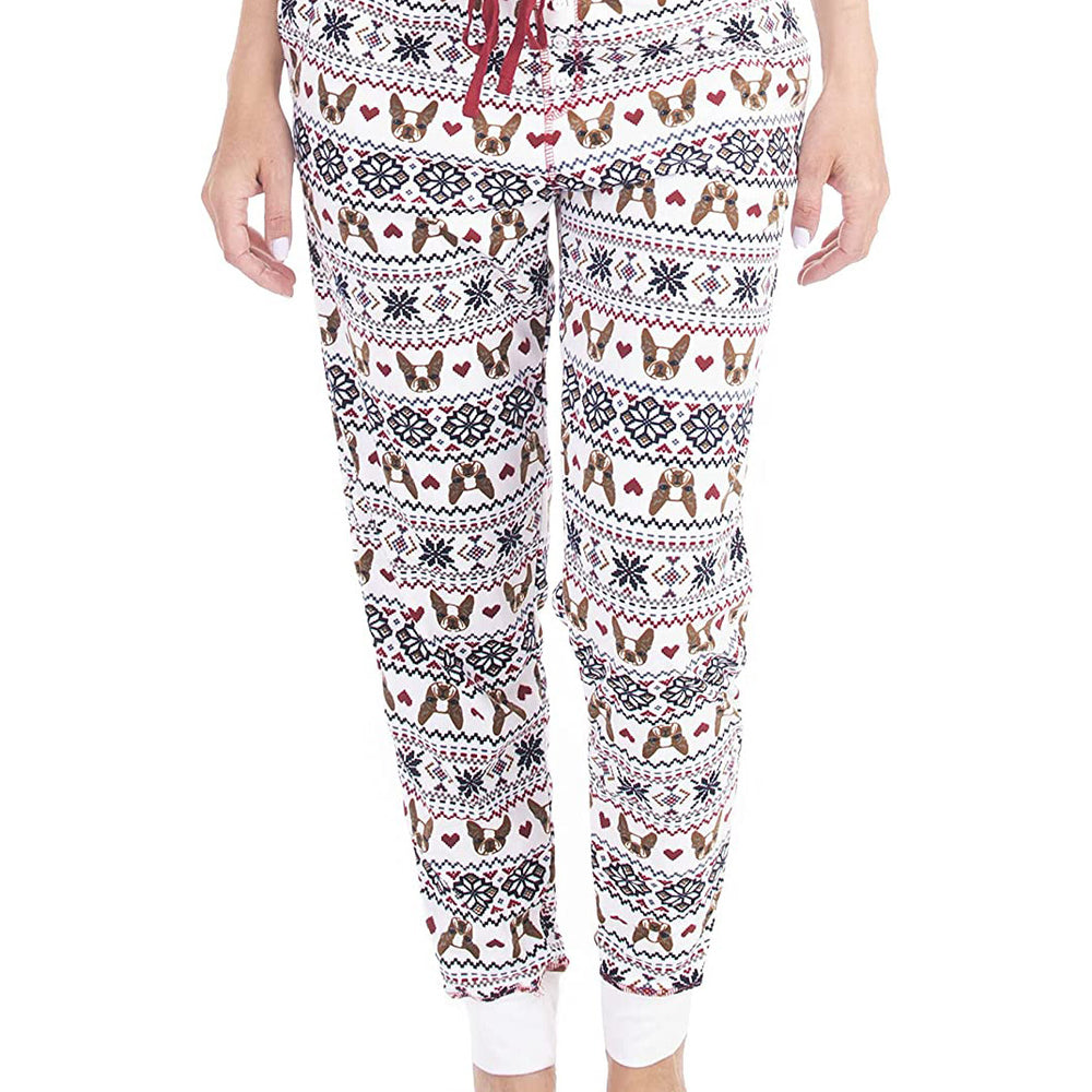 PJ joggers with soft velvety texture, stretch, elastic waistband, drawstring, and stylish ankle cuff. This pattern is bulldog's head with pixelated heart and snowflake pattern.