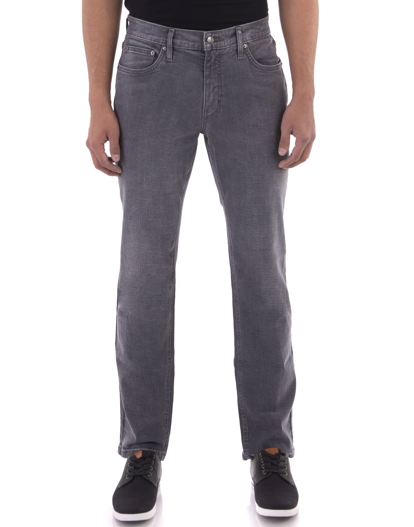 classic grey jeans with grey stitch, silver buttons. slim fit.