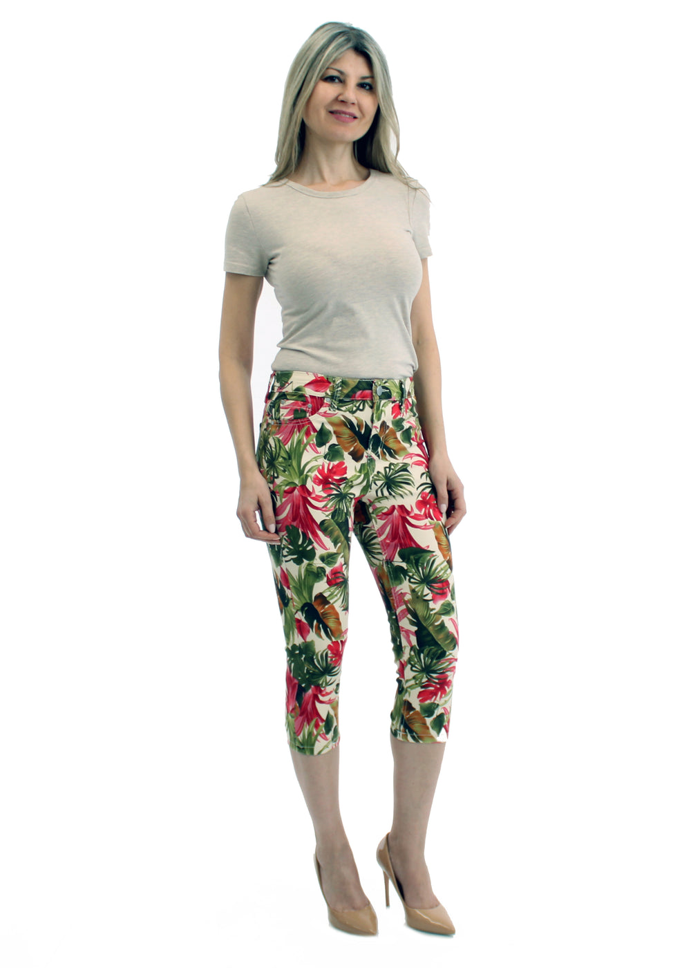 Women's Mid Rise Tropical Printed Stretch Capris