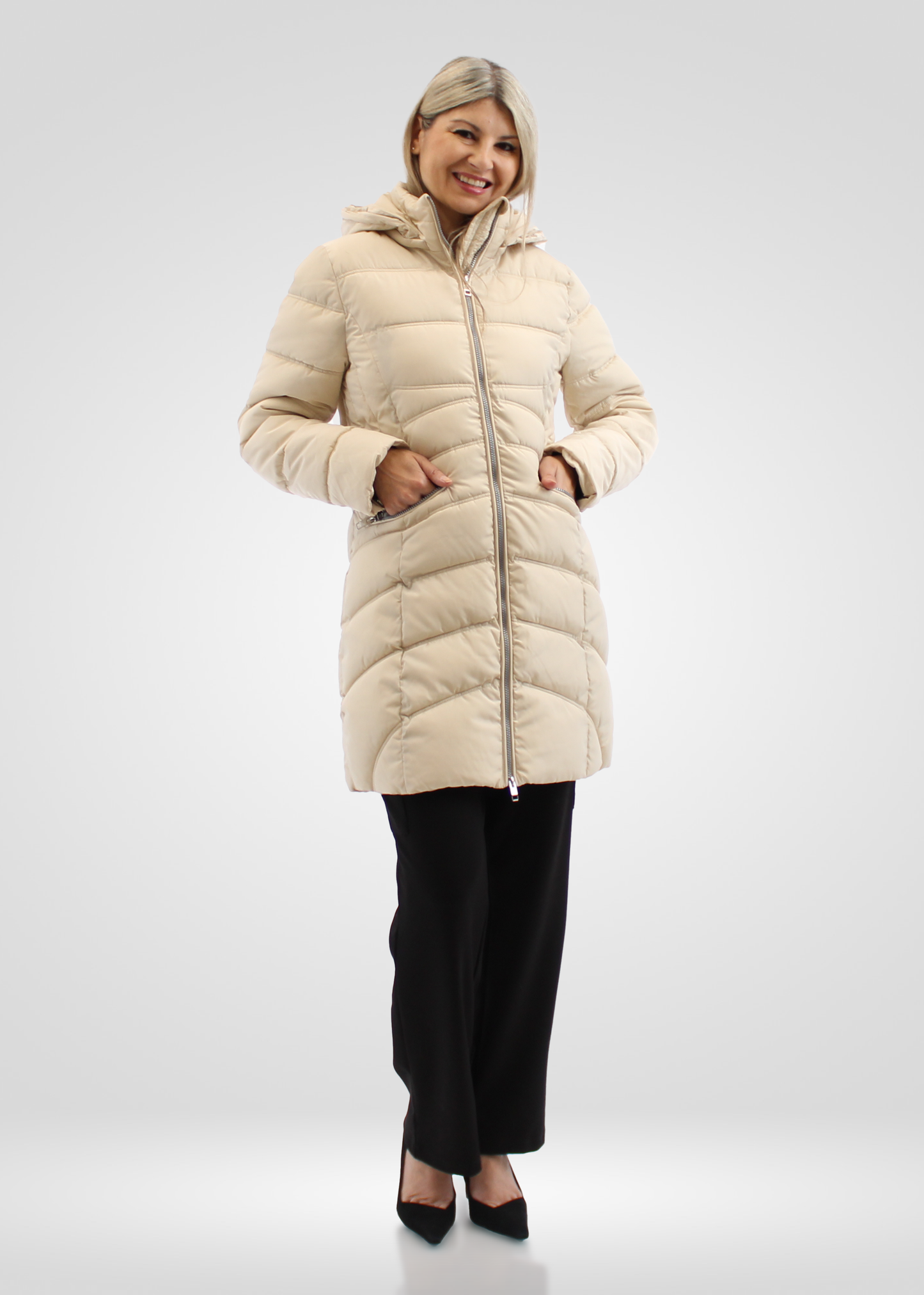 
                  
                    Simon Chang Cream Winter Coat wih Faux Fur Hood & Zippers
                  
                