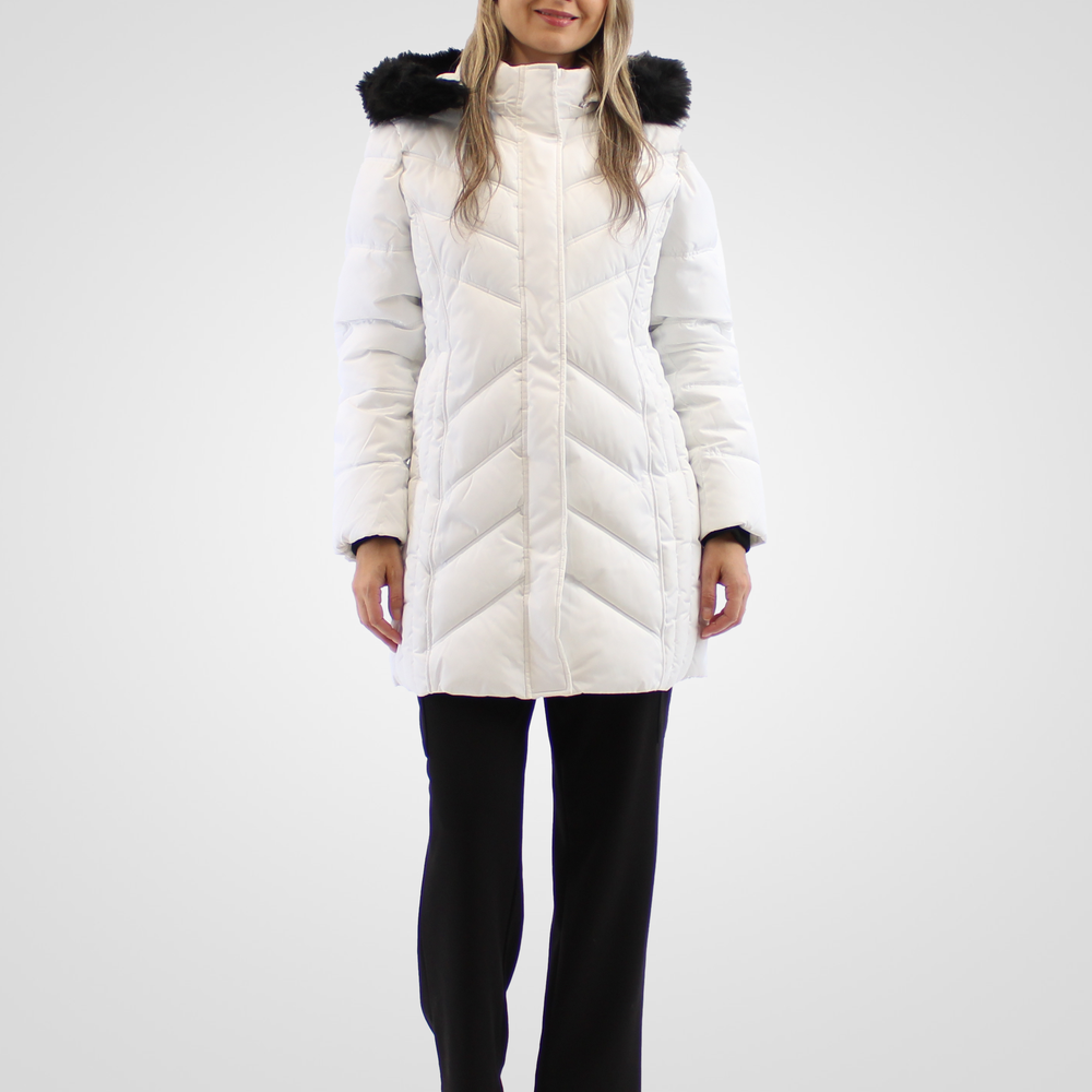 
                  
                    Simon Chang White Winter Coat wih Faux Fur Hood
                  
                