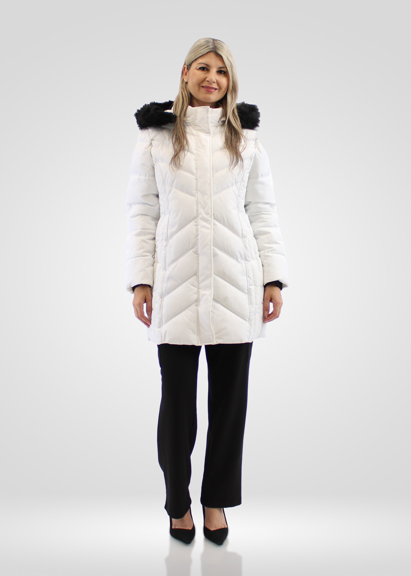 
                  
                    Simon Chang White Winter Coat wih Faux Fur Hood
                  
                