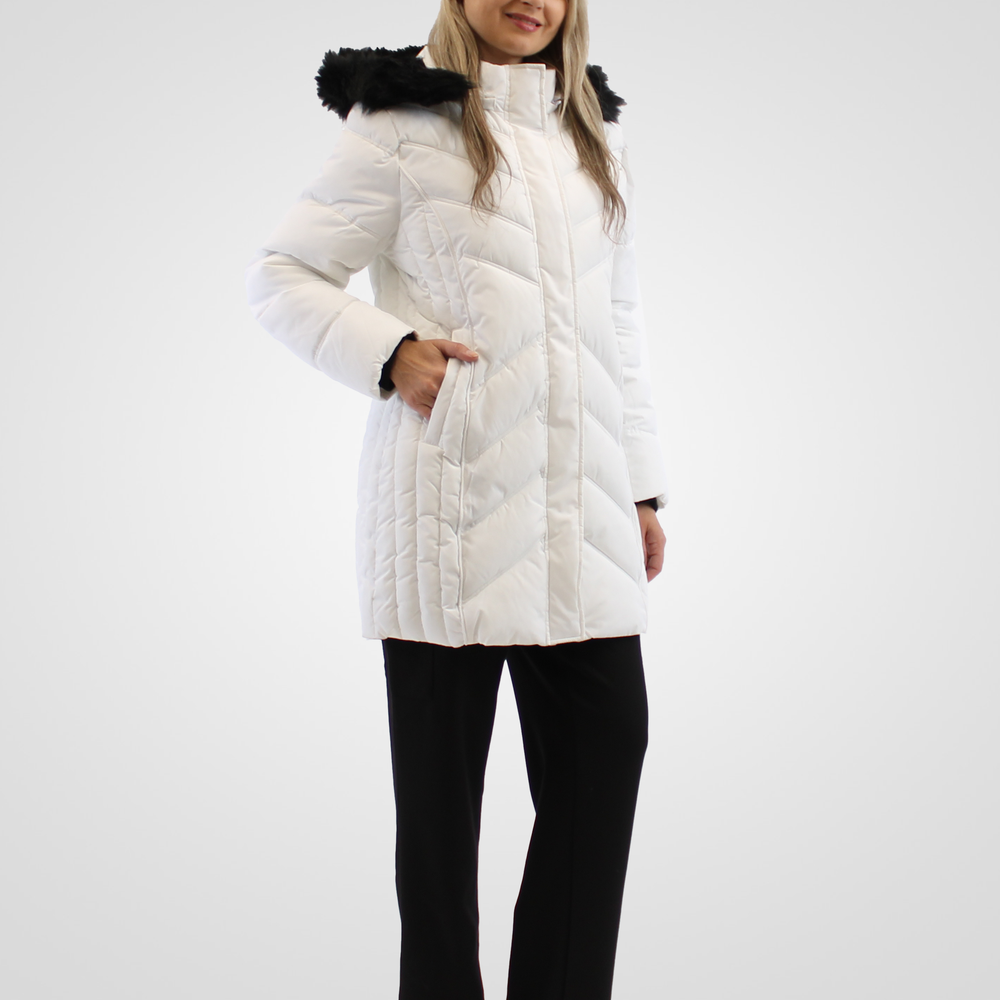 
                  
                    Simon Chang White Winter Coat wih Faux Fur Hood
                  
                