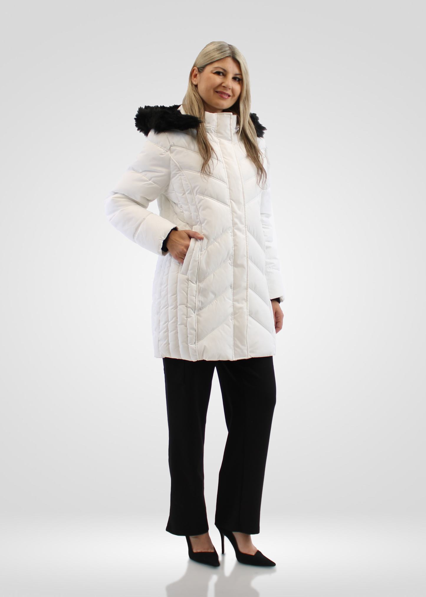 
                  
                    Simon Chang White Winter Coat wih Faux Fur Hood
                  
                