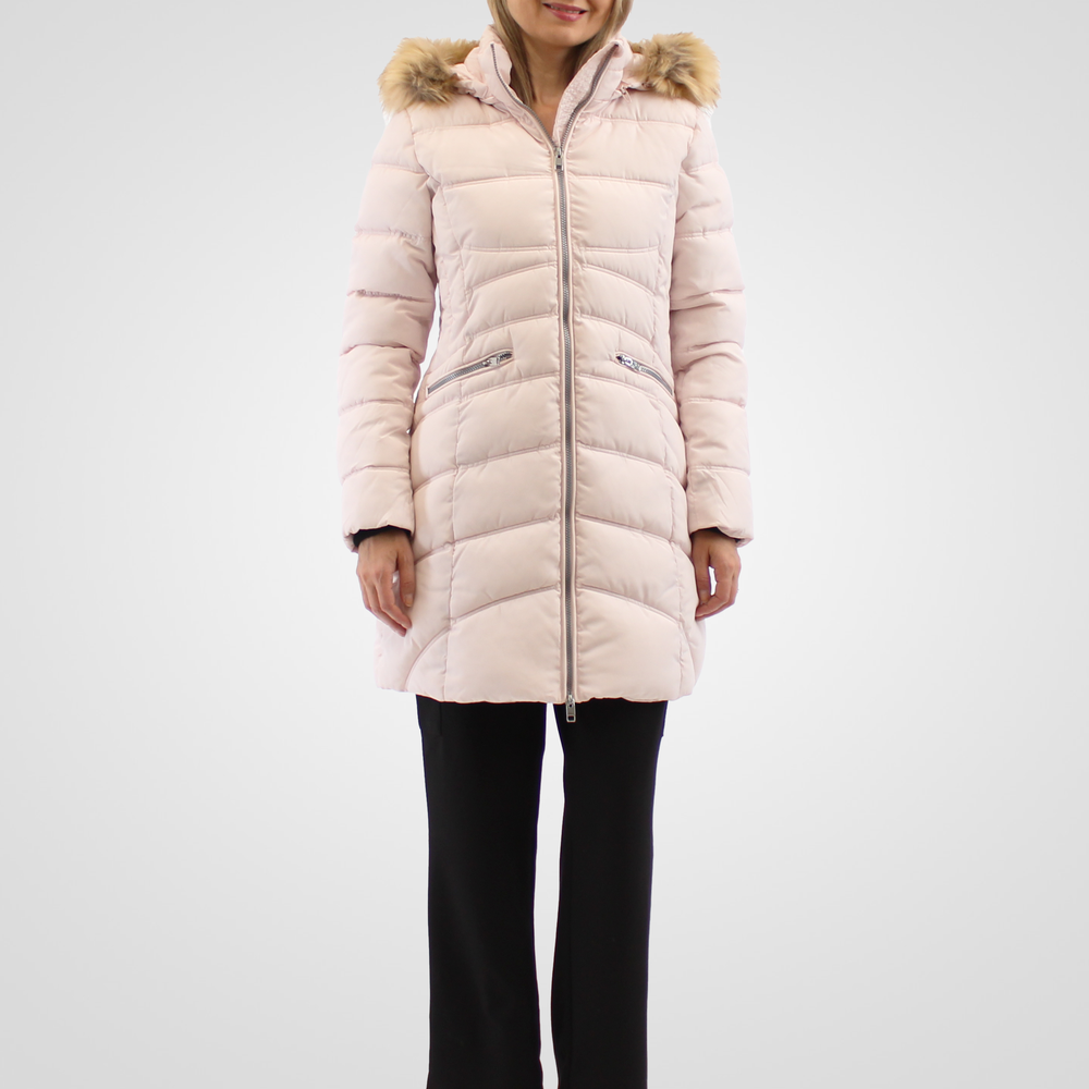 
                  
                    Simon Chang Cream Light Pink Coat wih Faux Fur Hood & Zippers
                  
                