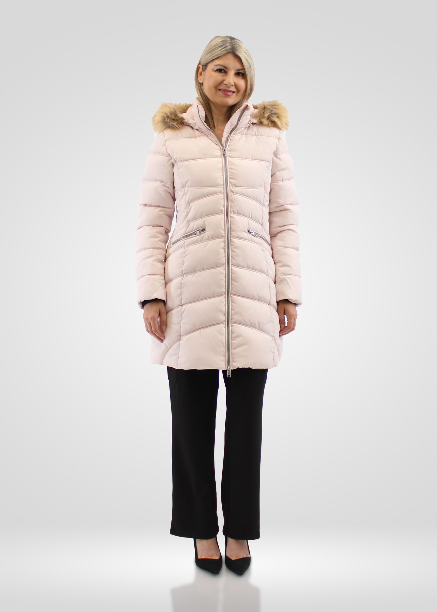 
                  
                    Simon Chang Cream Light Pink Coat wih Faux Fur Hood & Zippers
                  
                