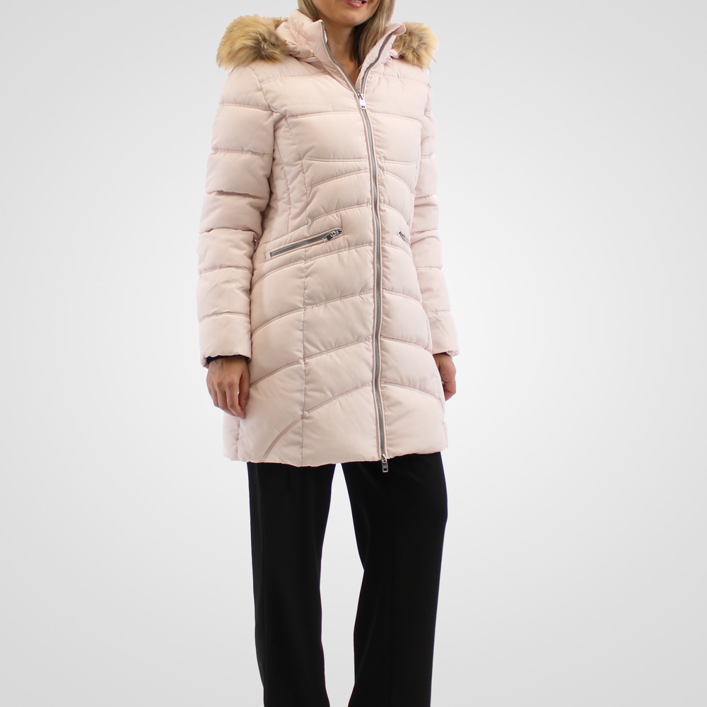 
                  
                    Simon Chang Cream Light Pink Coat wih Faux Fur Hood & Zippers
                  
                