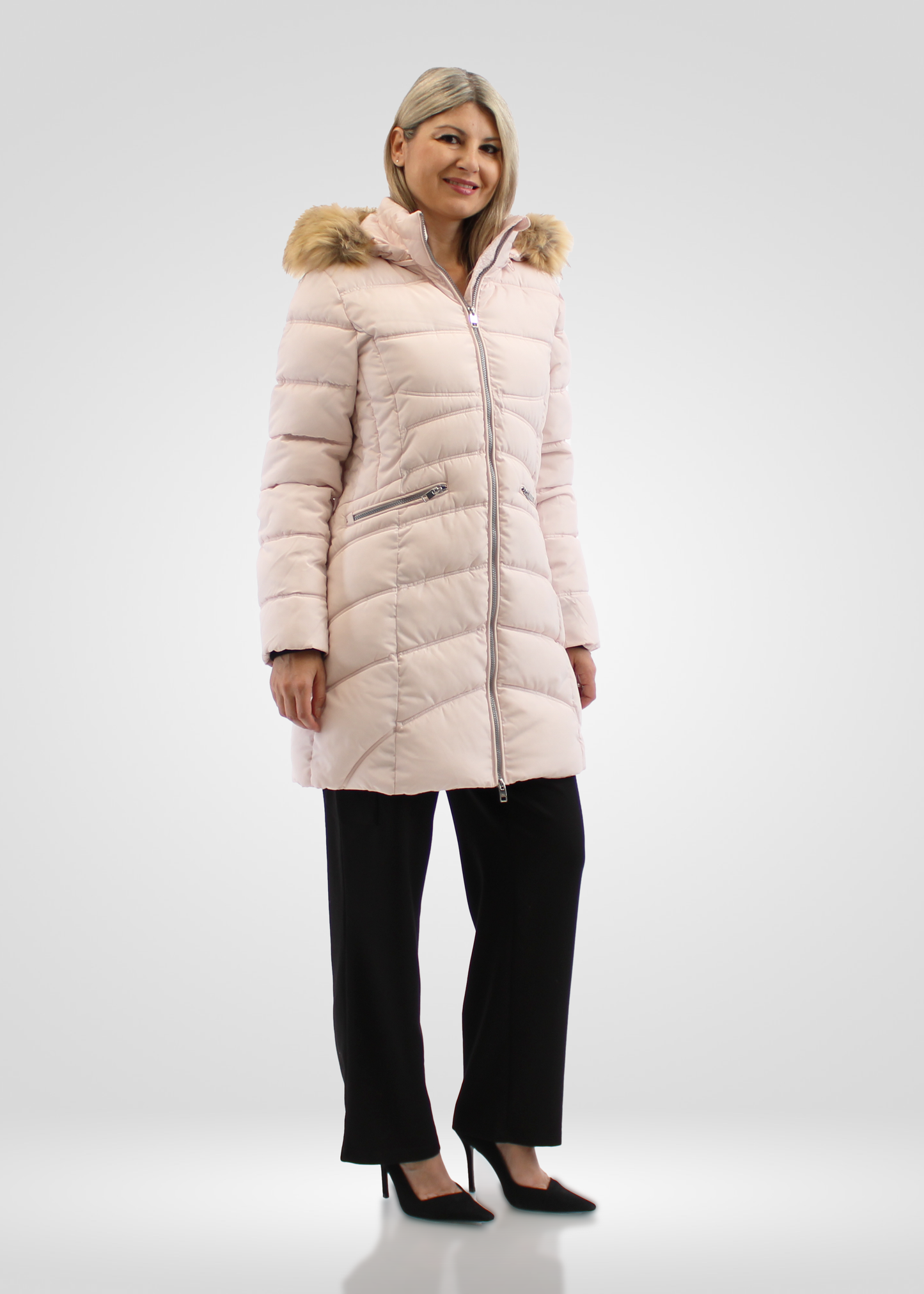 
                  
                    Simon Chang Cream Light Pink Coat wih Faux Fur Hood & Zippers
                  
                