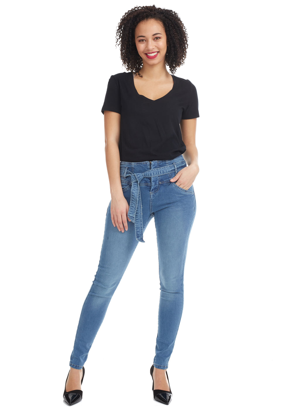 High Waisted Skinny Fit Denim Pants - with Belt