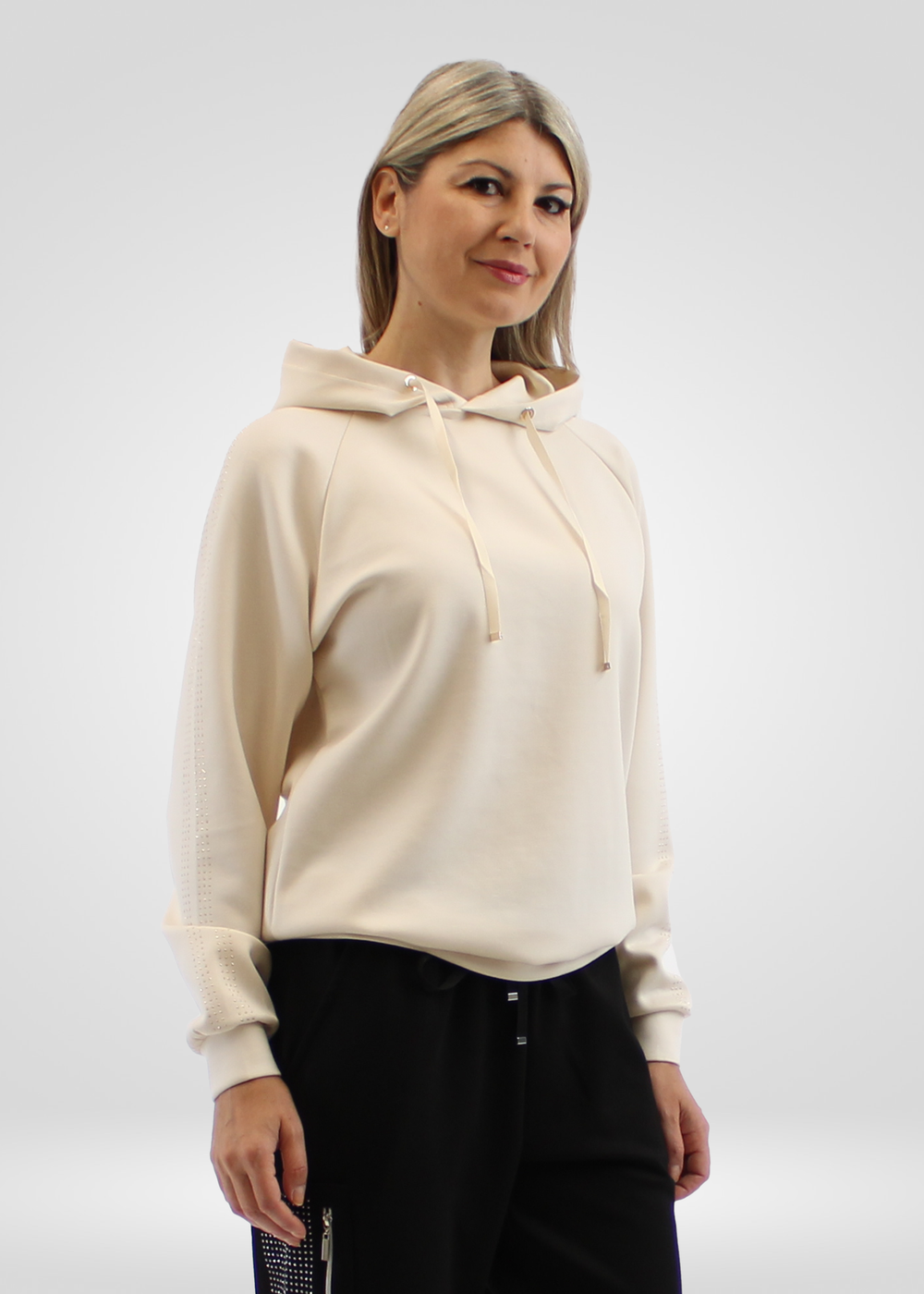 Simon Chang Cream Hoodie with Jeweled Sleeve Detail