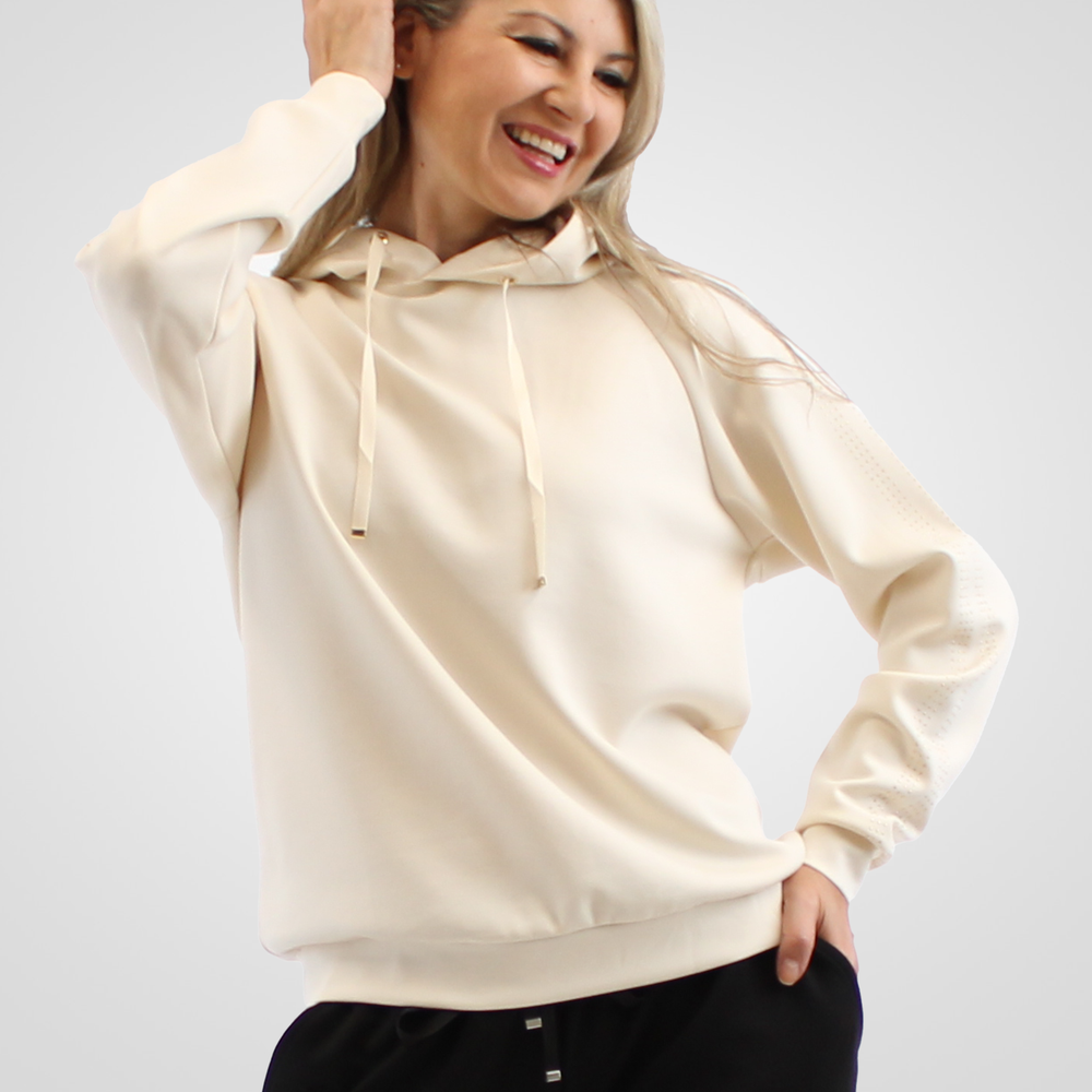 
                  
                    Simon Chang Cream Hoodie with Jeweled Sleeve Detail
                  
                