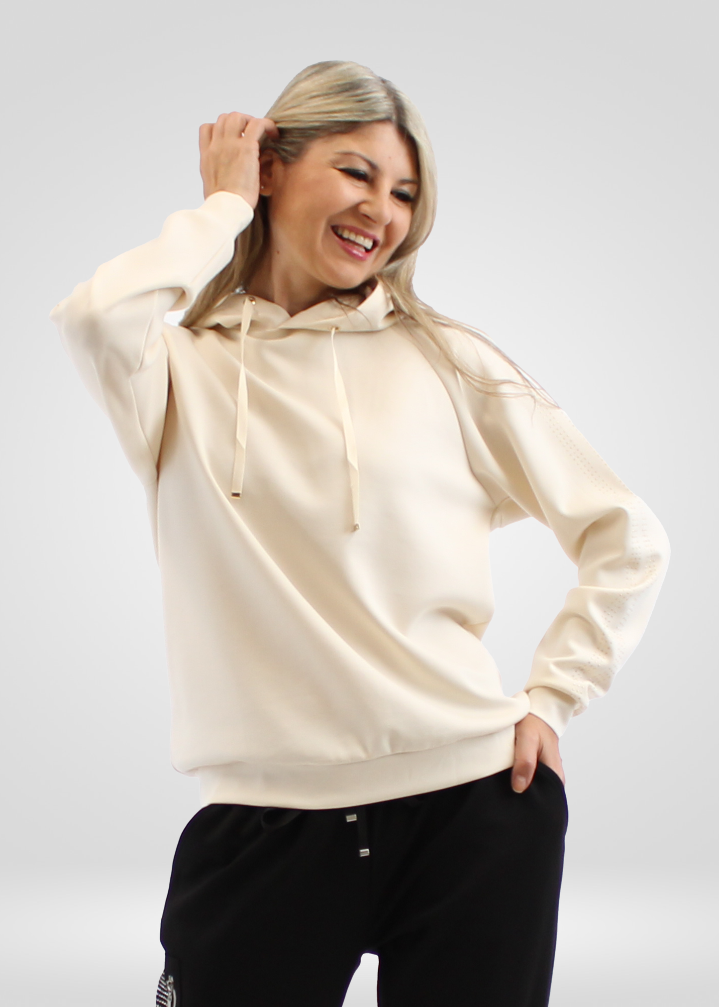 
                  
                    Simon Chang Cream Hoodie with Jeweled Sleeve Detail
                  
                