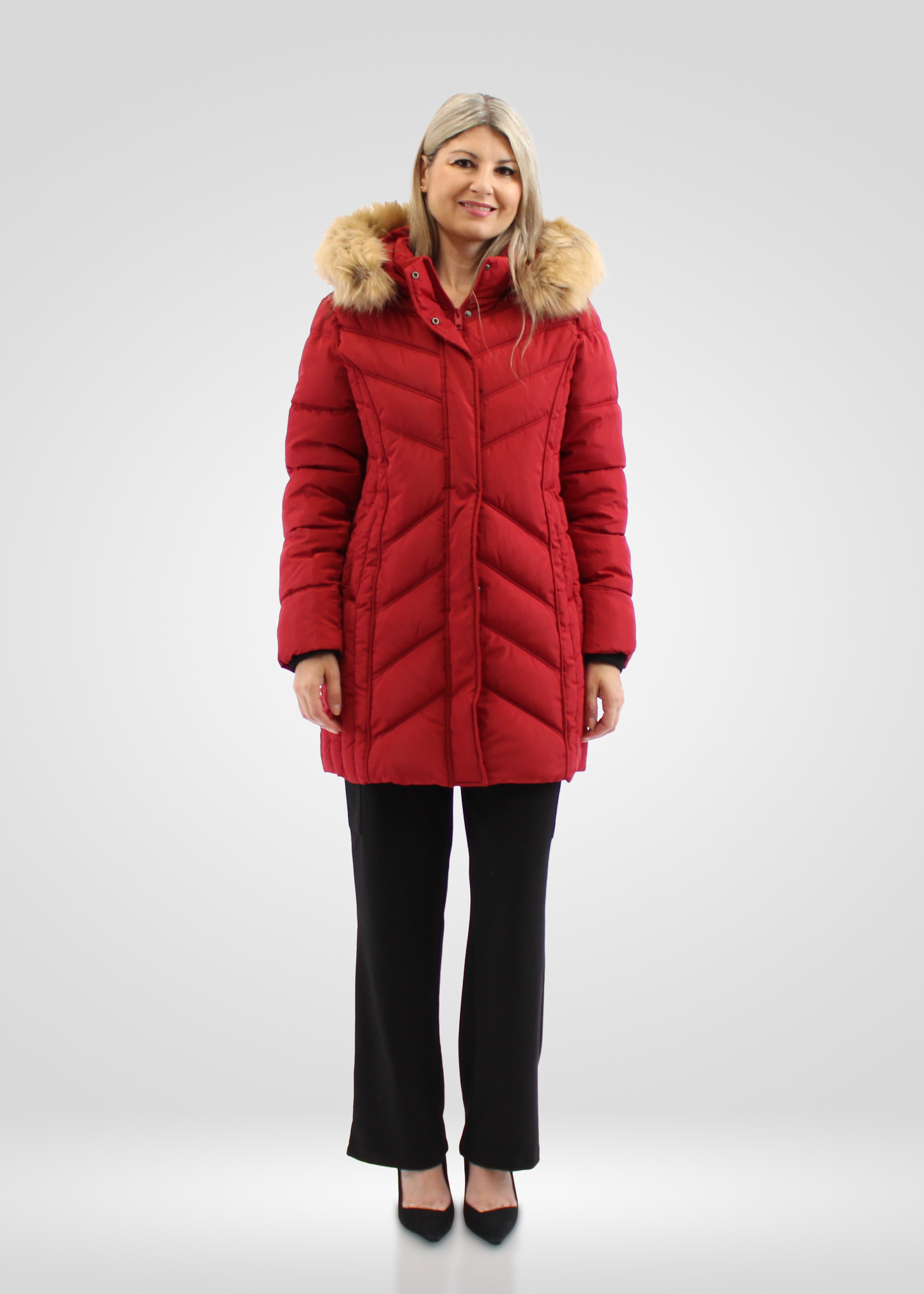 
                  
                    Simon Chang Red Winter Coat wih Faux Fur Hood
                  
                