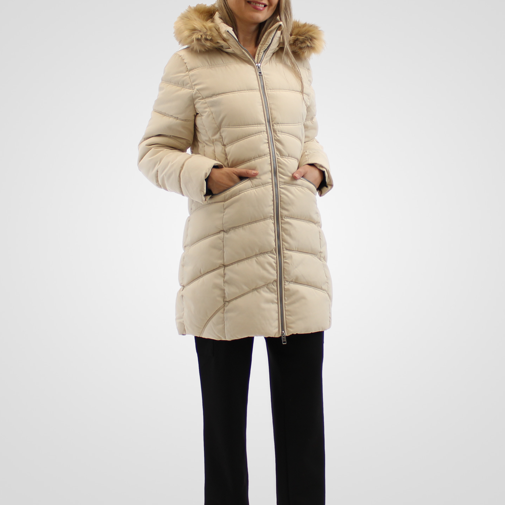 
                  
                    Simon Chang Cream Winter Coat wih Faux Fur Hood & Zippers
                  
                