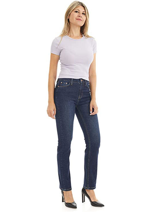 
                  
                    Suko Jeans Jean coupe droite en denim extensible pour femme Taille haute 
                  
                