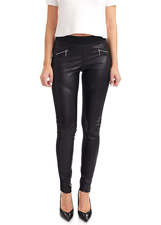 
                  
                    Black Suko Jeans Ponte Leggings for Women with faux leather front, angled zippered pockets.
                  
                
