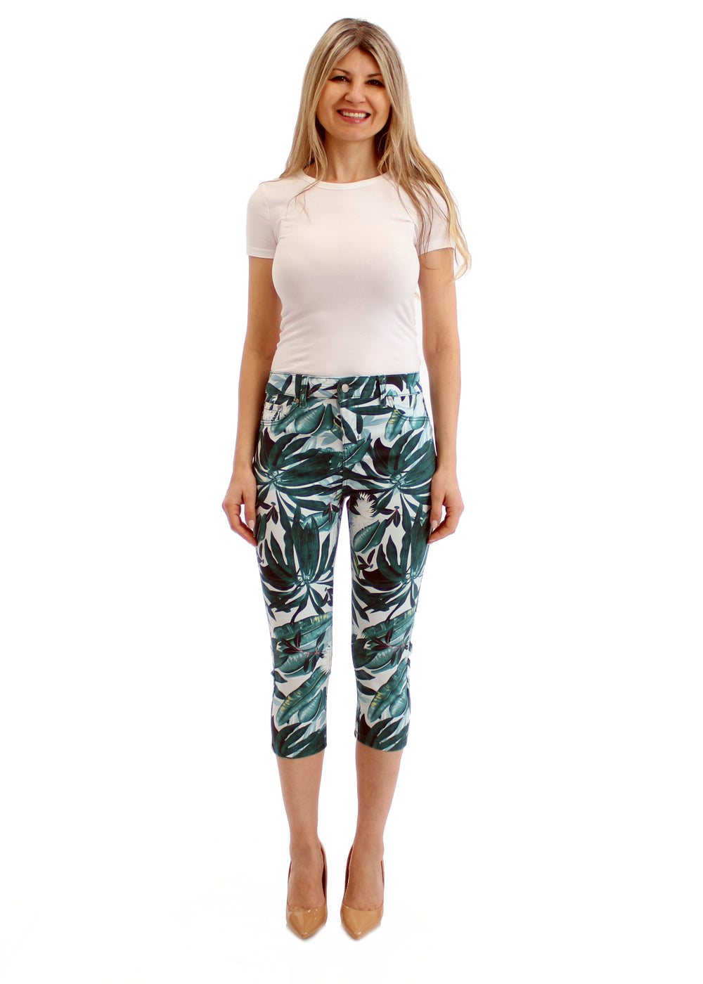 Women's Mid Rise Leaves Printed Stretch Capris