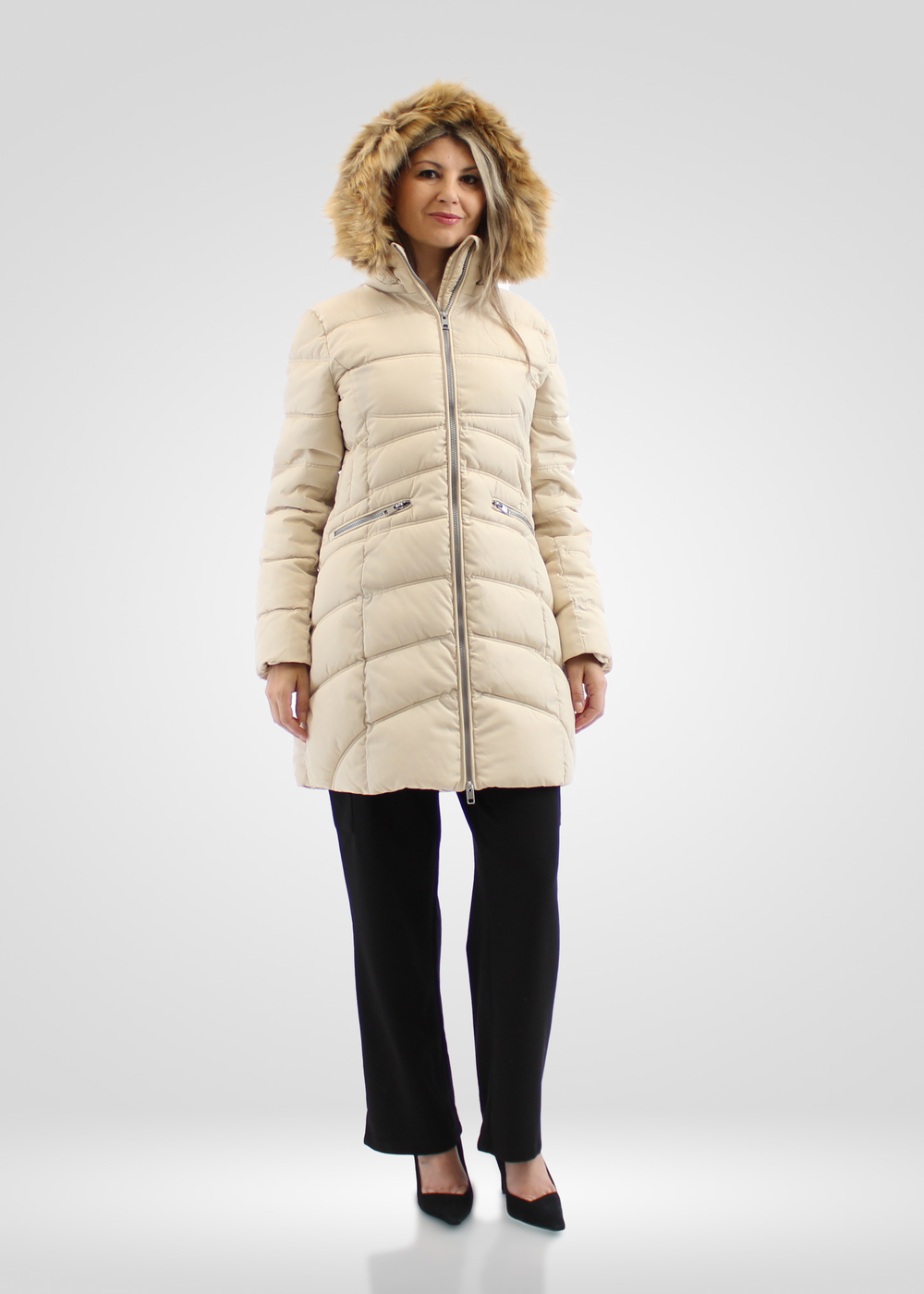 Simon Chang Cream Winter Coat wih Faux Fur Hood & Zippers