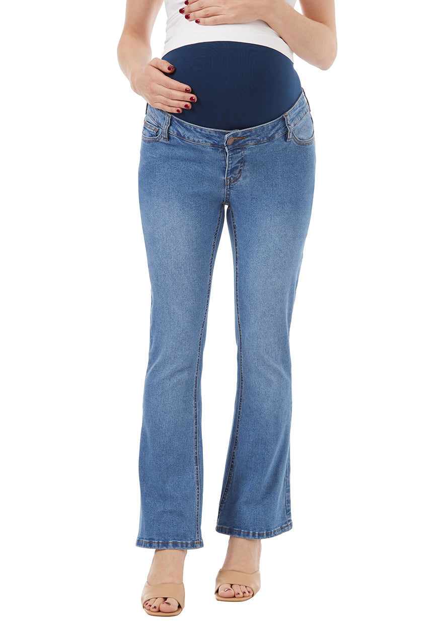 washed blue flared maternity jean with liner for belly, stretchy fabric. Blue Liner.